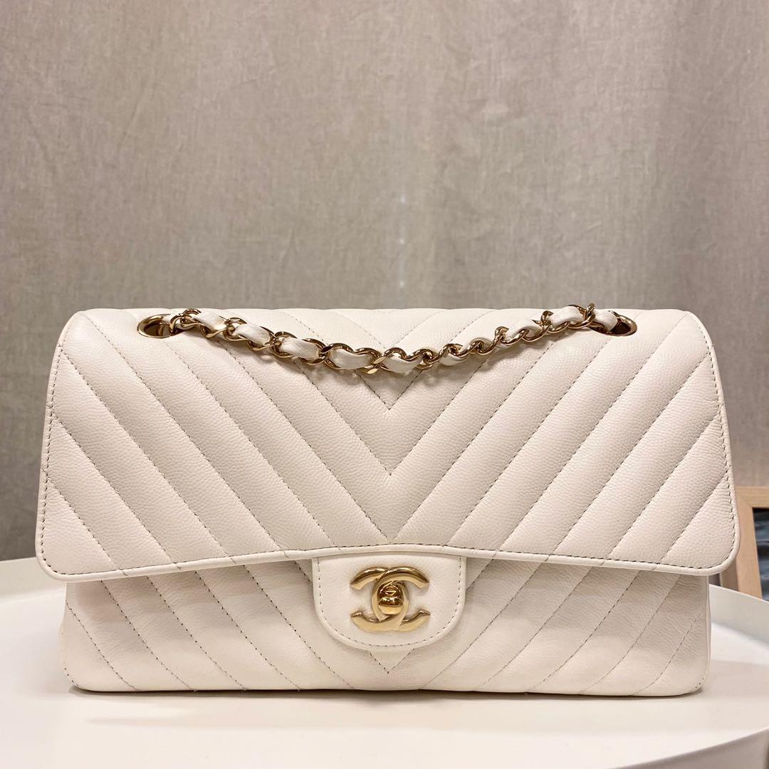 Authentic Chanel Medium White Chevron Classic Flap bag in Caviar and Gold  Hardware