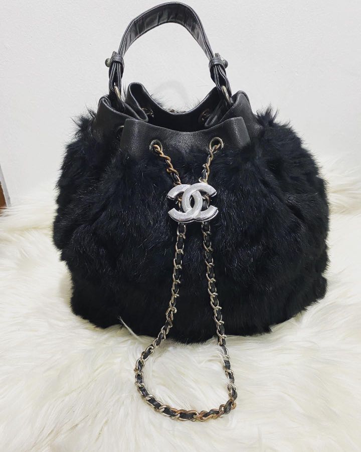 Chanel Black Fur bag with Plastic Chain at 1stDibs