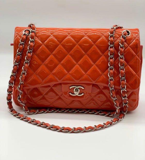 Chanel Orange Quilted Patent Leather Maxi Classic Double Flap
