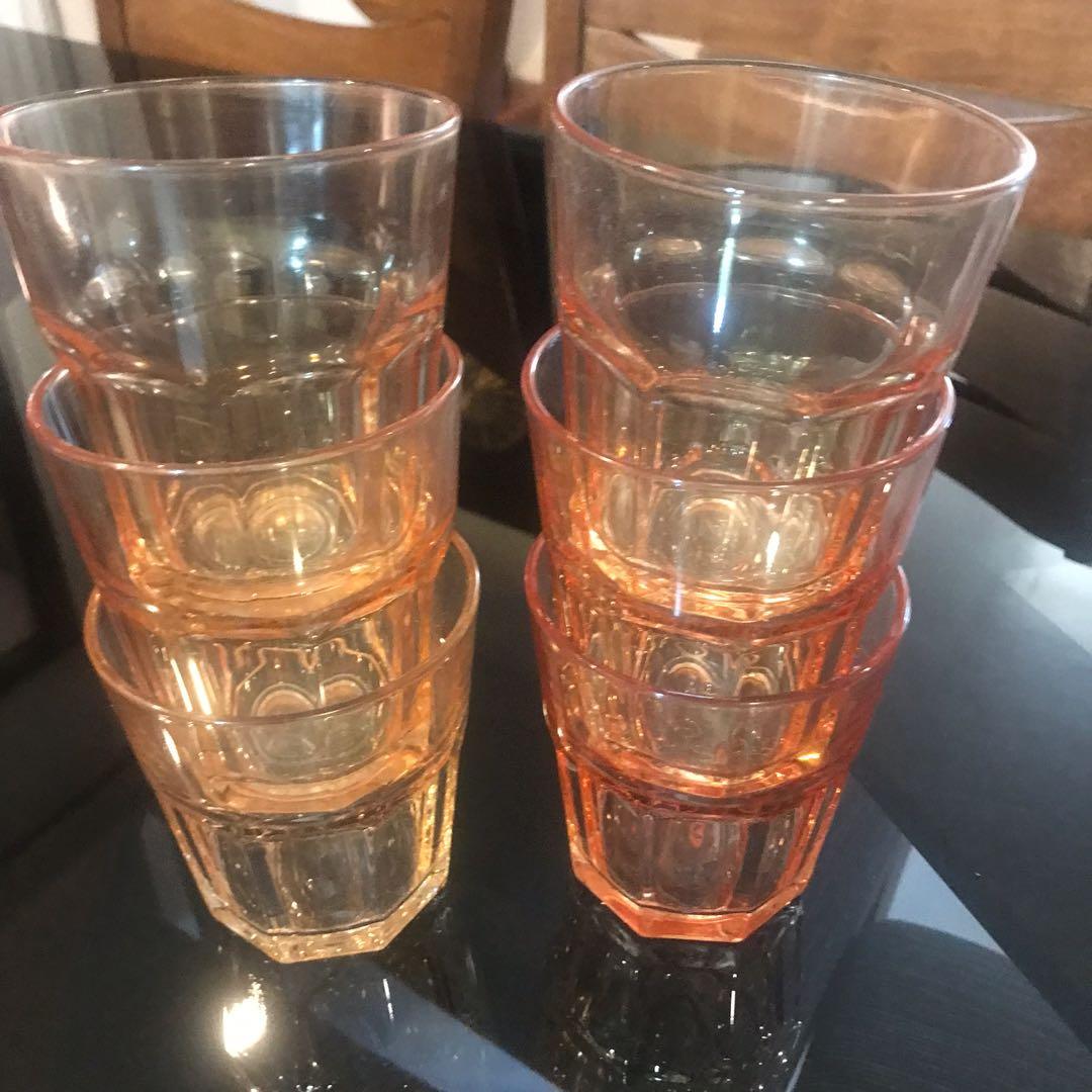 Drinking glasses 6 pcs 250 ml (Category: Dinnerware & Cutlery) located in Antipolo. Submitted by myhikaw (Listing ID 1129268039, Image 2). Description: Never used Like new 250 ml Gold H- 9 cm W- 8.5 cm(top) 6 cm (bottom).