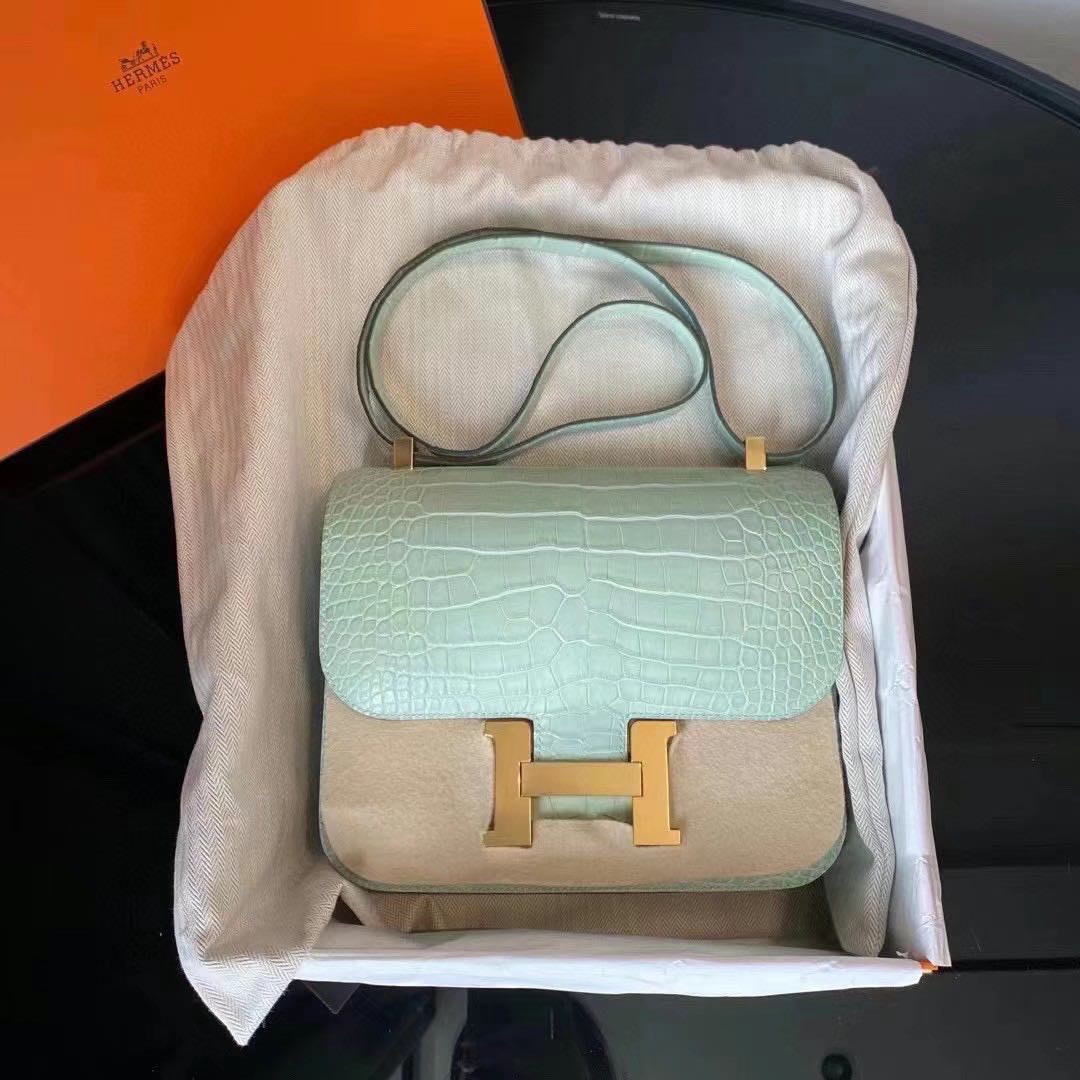 Hermes Constance Mini 18 Vert Jade Matte PHW Crocodile U stamp full W  receipt