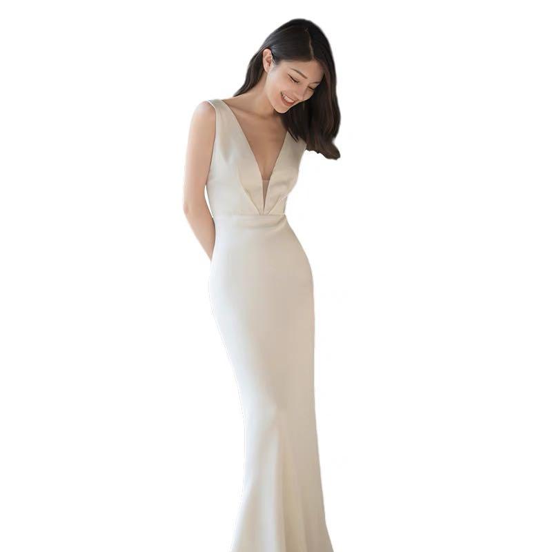 Ladies White V Neck Long Dress Evening Dress Formal Dress - Walmart.com