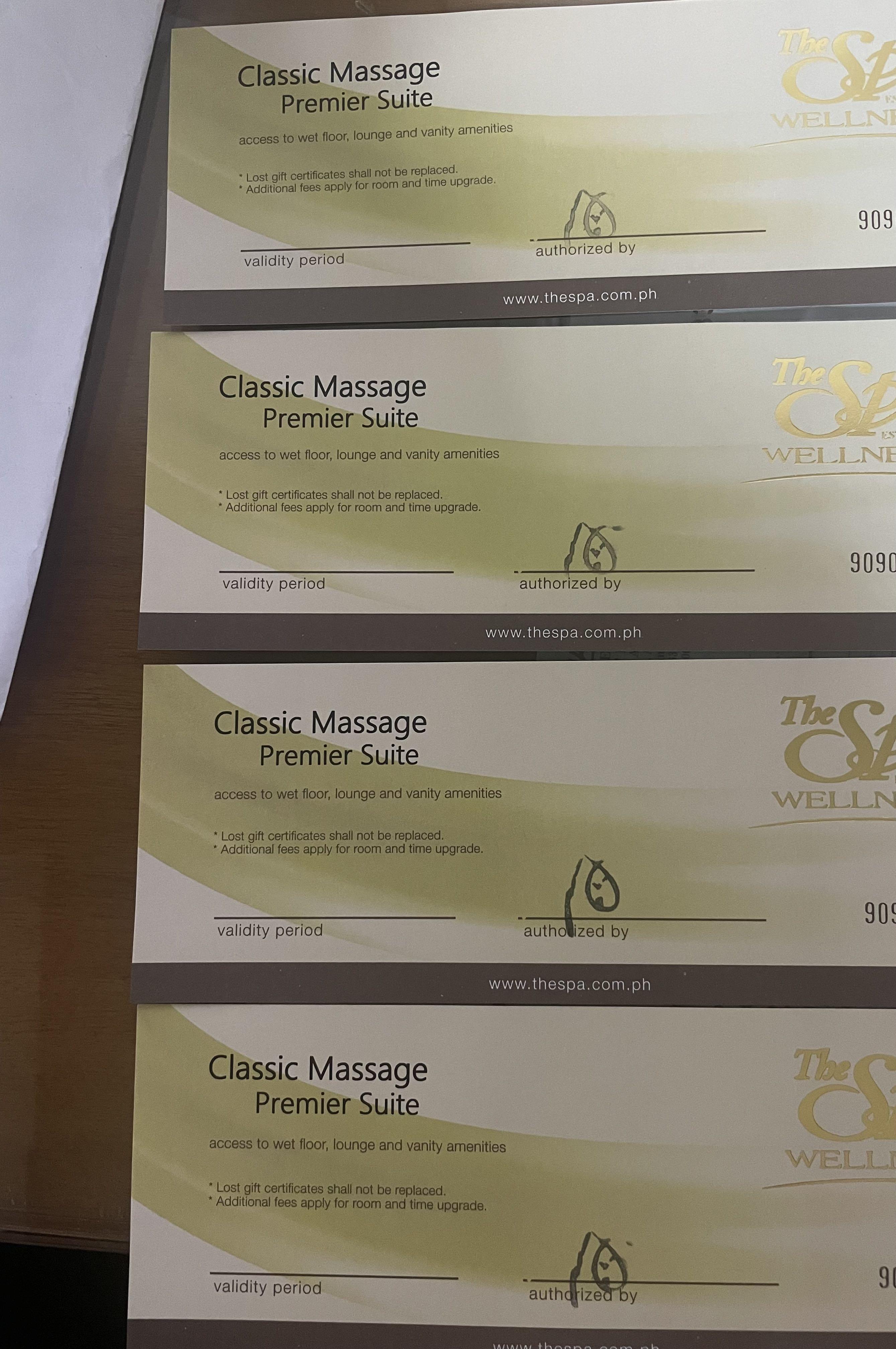 The Spa Gift Certificate (Category: Store Credits) located in Manila. Submitted by fabfinds1111 (Listing ID 200231387, Image 3). Description: 1 GC is for 60 min massage in a premiere suite/villa (includes use of steam, shower, sauna, jacuzzi) 1 GC is worth 1,980 I am selling 1 GC for 1,500 I have 4 GC's available Valid everyday, even on weekends No expiry.