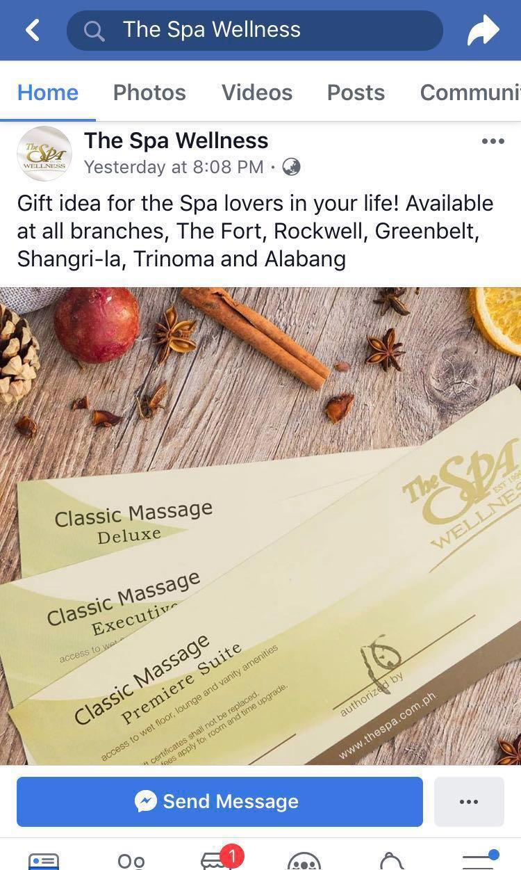 The Spa Gift Certificate (Category: Store Credits) located in Manila. Submitted by fabfinds1111 (Listing ID 200231387, Image 1). Description: 1 GC is for 60 min massage in a premiere suite/villa (includes use of steam, shower, sauna, jacuzzi) 1 GC is worth 1,980 I am selling 1 GC for 1,500 I have 4 GC's available Valid everyday, even on weekends No expiry.