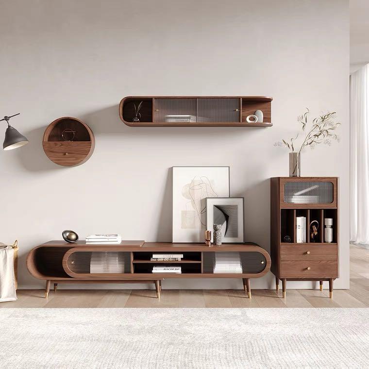 Wooden TV console with curved edges, Furniture & Home Living, Furniture