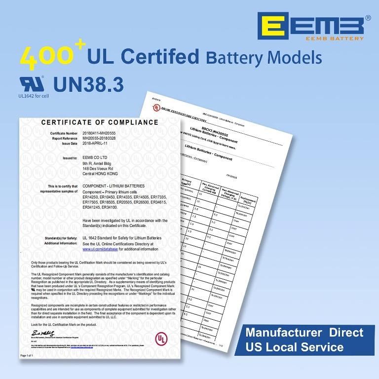 EEMB ER14250 Nonrechargeable 3.6V Lithium Battery Li-SOCL₂ 1/2 AA Size  1200mAh High Capacity UL Certified Single-Use 3.6V Lithium Thionyl Chloride