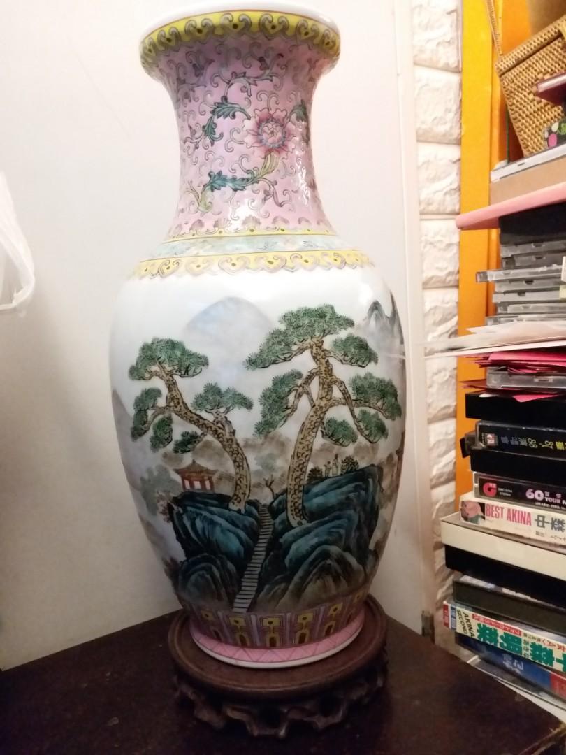 中国古玩 粉彩 桃漢詩文 景徳鎮製 花瓶 高約28.5cm f031107 - 花瓶