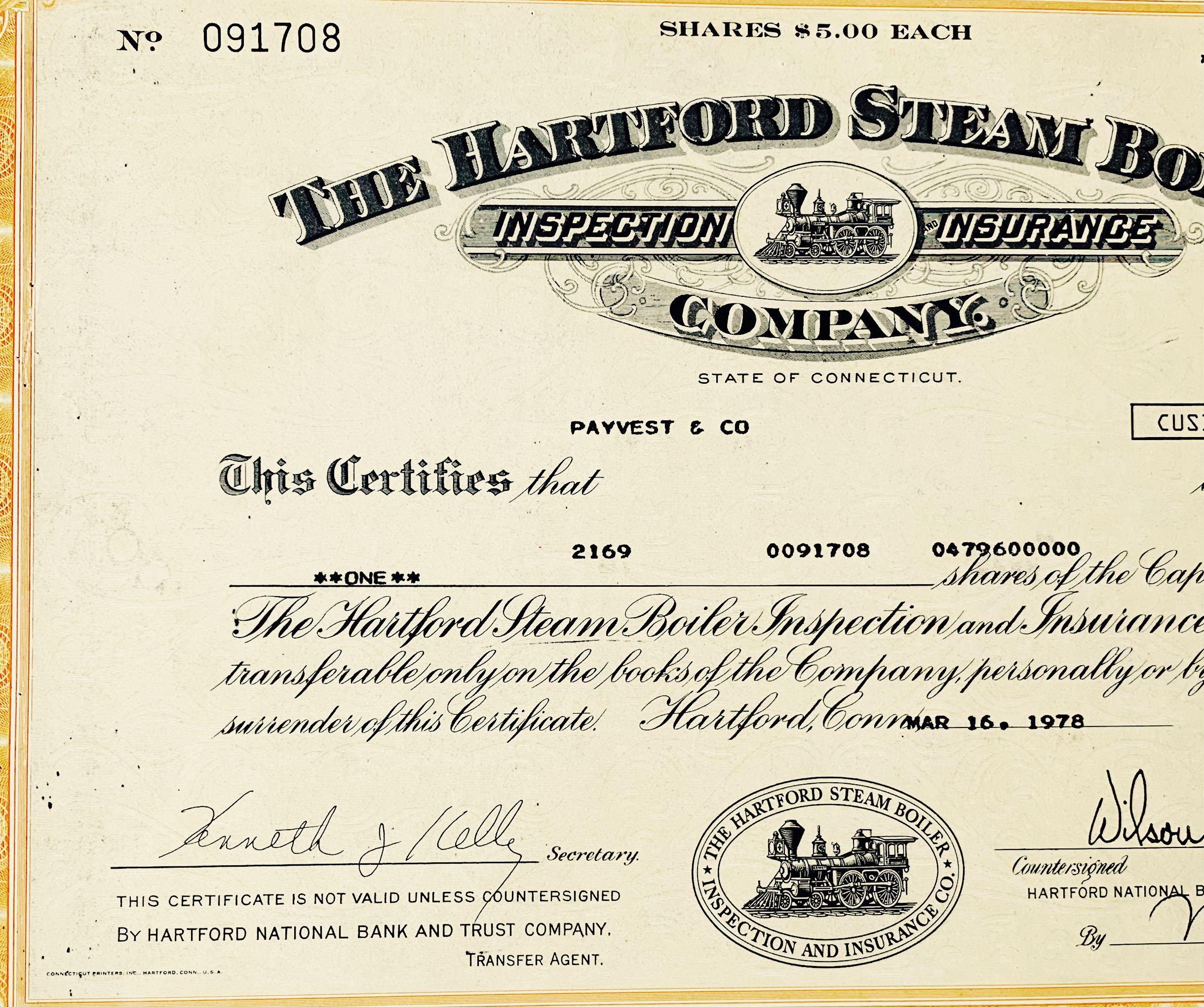 The Hartford Steam Boiler Inspection Insurance Company Stock Certificate 