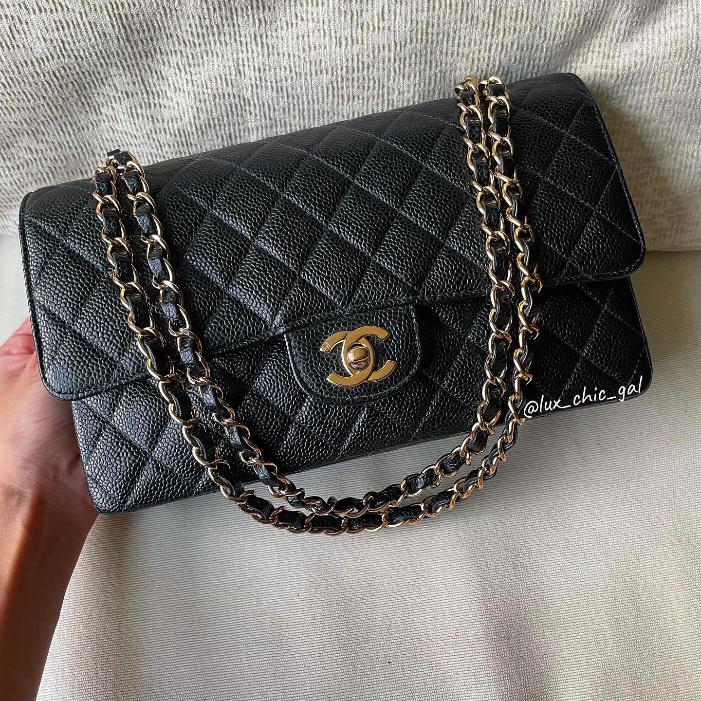 AUTHENTIC CHANEL Caviar Classic Flap Bag 24k Gold Hardware