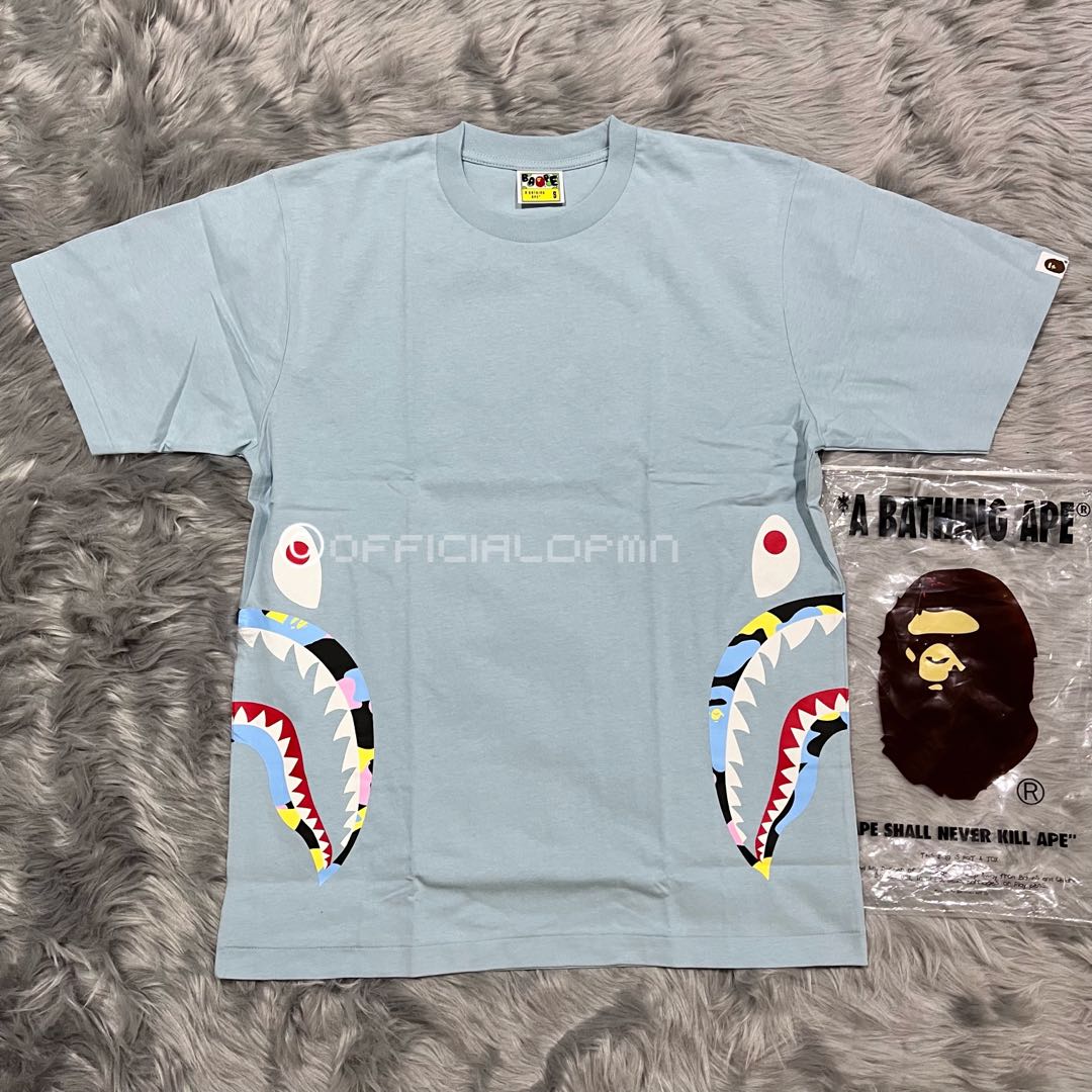 Bape Rainbow Teeth Side Shark Tee Light Blue Men S Fashion Tops Sets Tshirts Polo Shirts On Carousell
