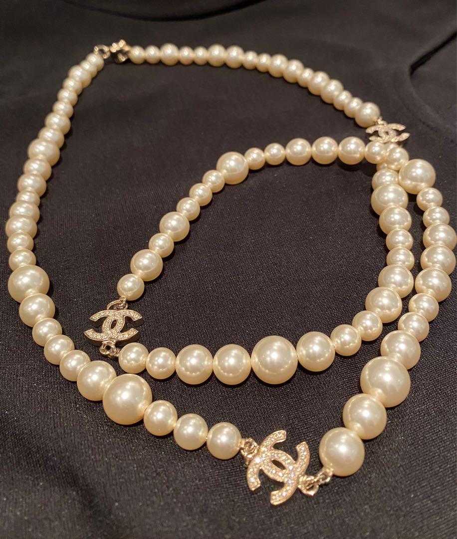 Chanel Logo graduated long Pearl Necklace gold rhinestones double single strand