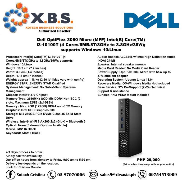 Dell OptiPlex 3080 Micro (MFF) Intel(R) Core(TM) i3-10100T (4  Cores/6MB/8T/3GHz to /35W); supports Windows 10/Linux, Computers &  Tech, Desktops on Carousell