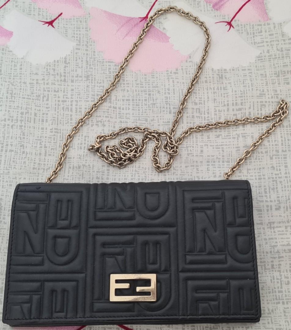 Fendi Napa Logo Embossed Long Wallet on the chain black