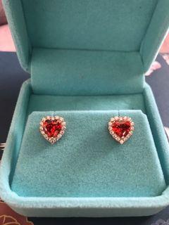Hand made earrings firey red heart shaped zirconia 925 silver rose gold