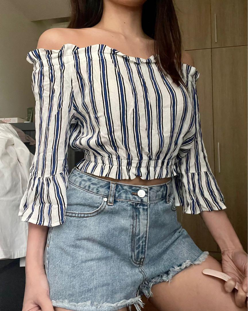 H M Striped Bardot Top Women s Fashion Tops Longsleeves on Carousell