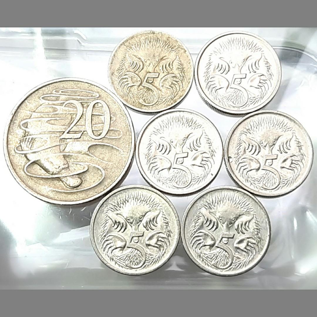 七個澳洲銅鎳硬幣1969年20 Cents Twenty Cents | 1967年x2pcs 1993年1999年2001年2004年5 Cents  Five Cents | Australia 女皇Queen Elizabeth II | 錢幣| 部份有原光, 興趣及遊戲, 收藏品及紀念品,