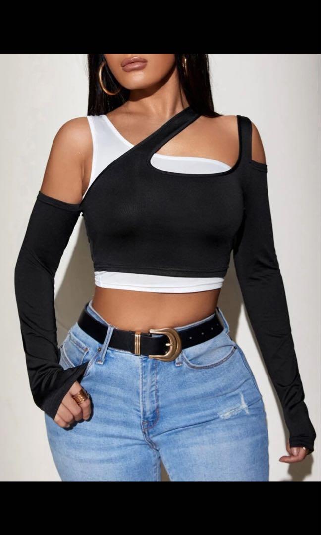Shein Black And White Asymmetrical Cut Out Sleeves Crop Top Women S Fashion Tops Other Tops On Carousell