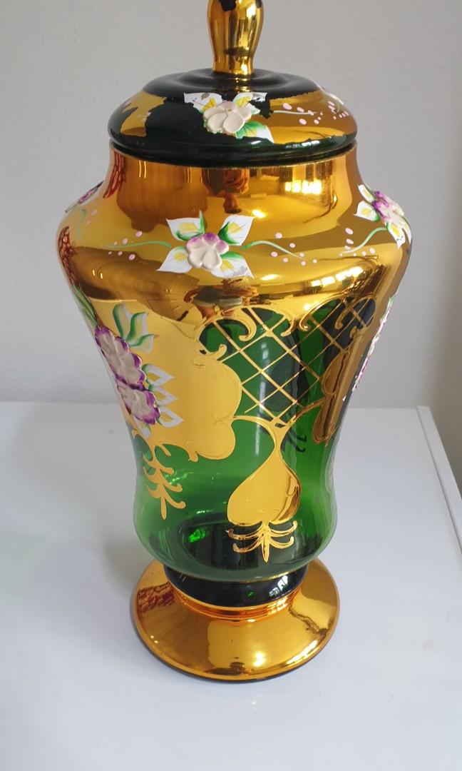 Vintage green glass cover vase from the 1980s, Furniture & Home Living