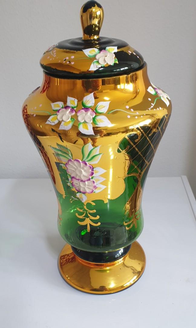 Vintage green glass cover vase from the 1980s, Furniture & Home Living