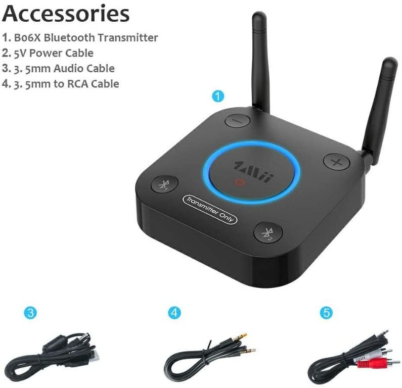 1Mii B06TX Bluetooth 5.3 Transmitter mit aptX Adaptive/Low Latency/HD, Kabelloser Audio Adapter mit Großer Reichweite & Anzeige für TV/PC/Projektor, Dual Verbindung für 2 Kopfhörer oder Lautsprecher