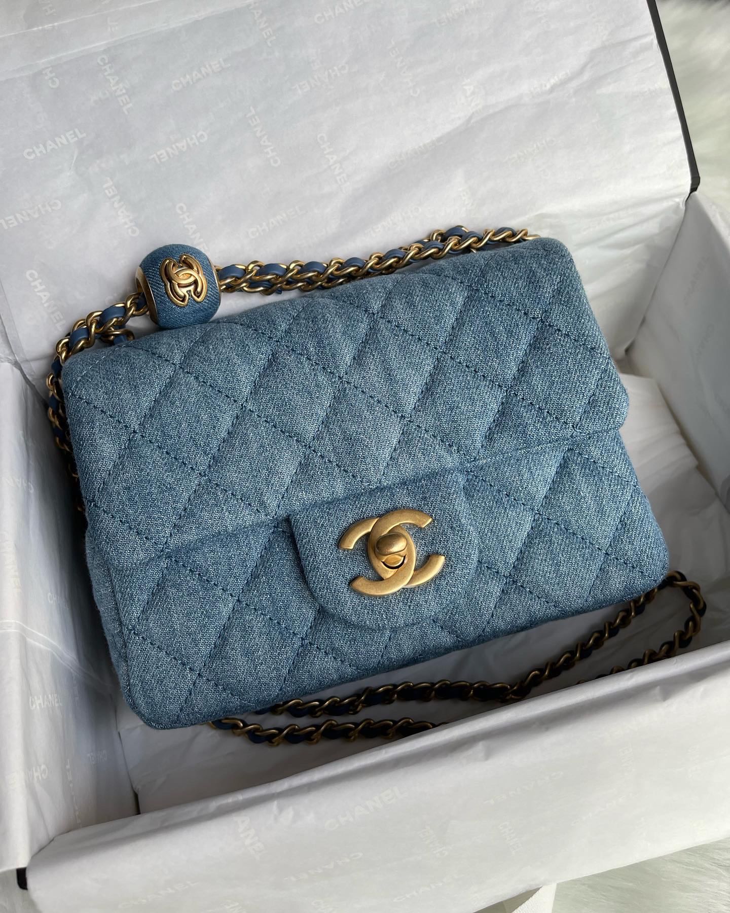 22C Chanel Mini Square Denim Pearl Crush, Luxury, Bags & Wallets on  Carousell