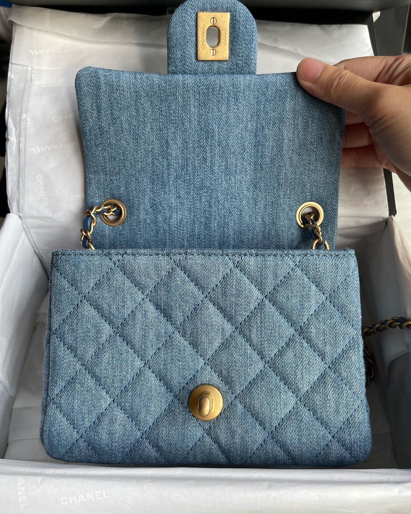 22C Chanel Mini Square Denim Pearl Crush, Luxury, Bags & Wallets