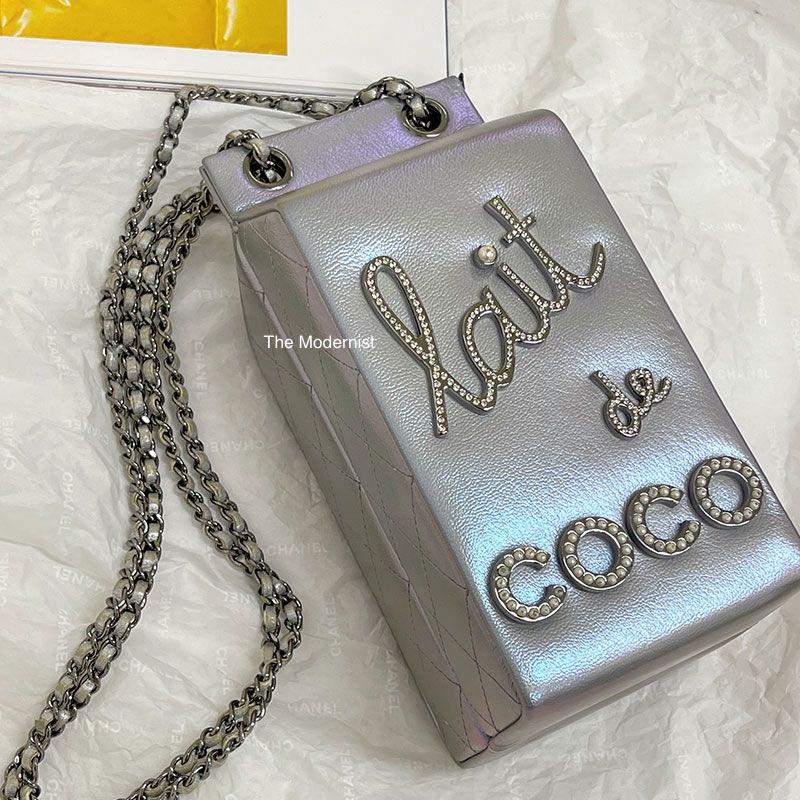 CHANEL Metallic Goatskin Lait de Coco Milk Carton Bag Silver 183561