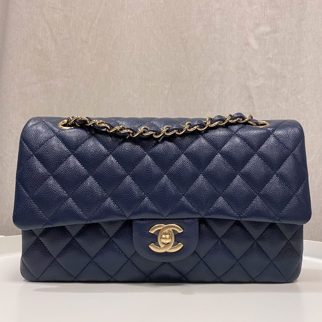 Chanel Blue Quilted Caviar Medium Double Flap Bag Light Gold Hardware –  Madison Avenue Couture