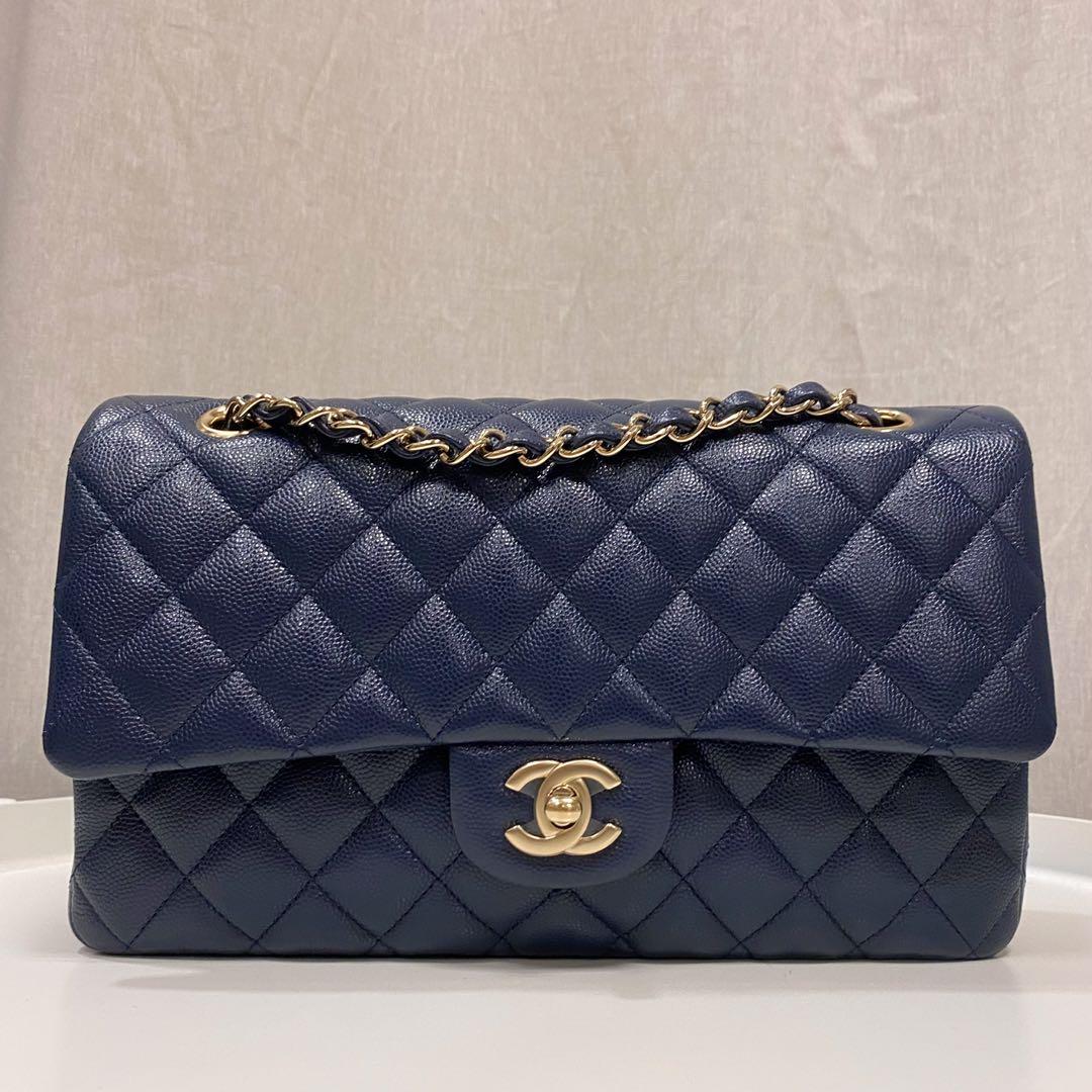 Authentic Chanel Midnight Blue Medium Classic Flap bag in Caviar and Light  Gold Hardware