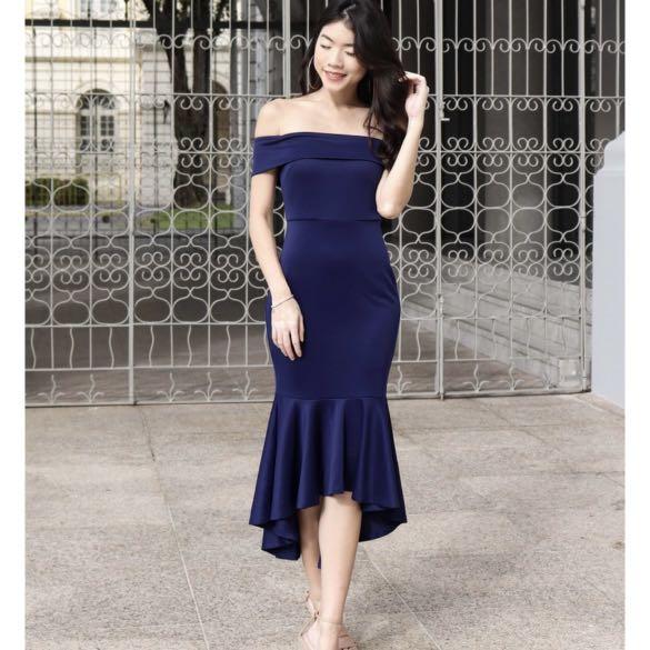 off the shoulder midi mermaid dress