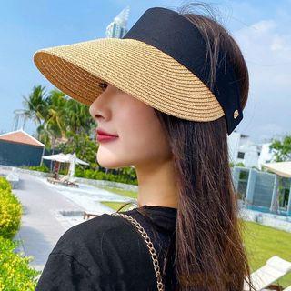 Korean Version Women Fashion Portable Foldable Casual Wide Brim Empty Top UV Sun Protection Straw Hats / Outside Travel Knitted Breathable Beach Visors Hat / Summer Fashion Casual Straw Sun Cap / Japanese Style Leisure Open Top Beach Cap