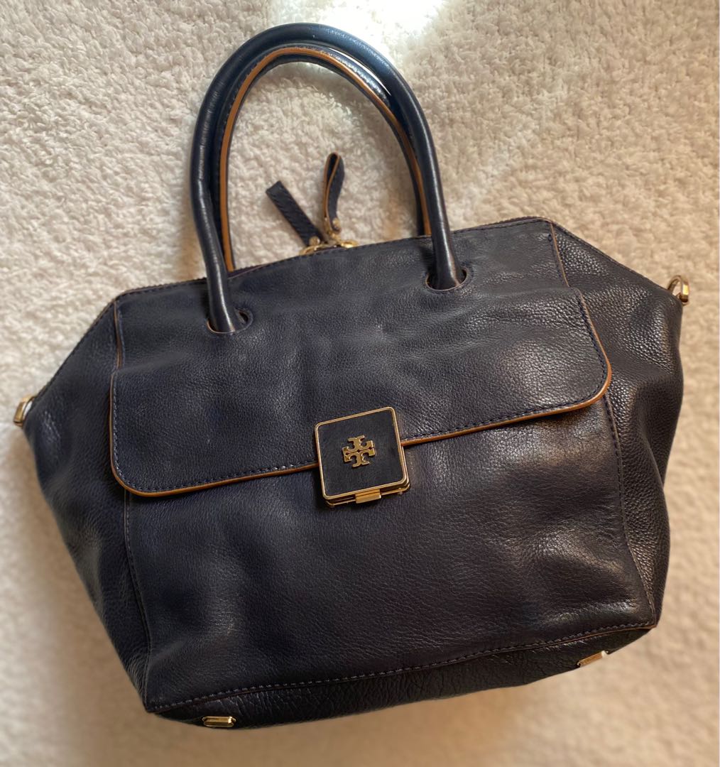 Preloved Tory Burch Clara Navy Blue Satchel, Luxury, Bags & Wallets on  Carousell