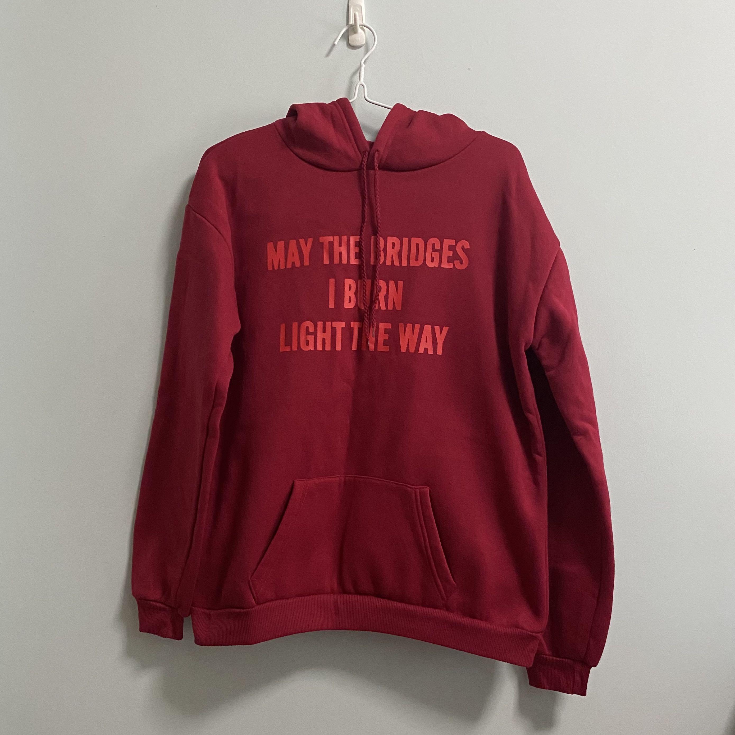 Red hoodie with white stripes on sleeves store