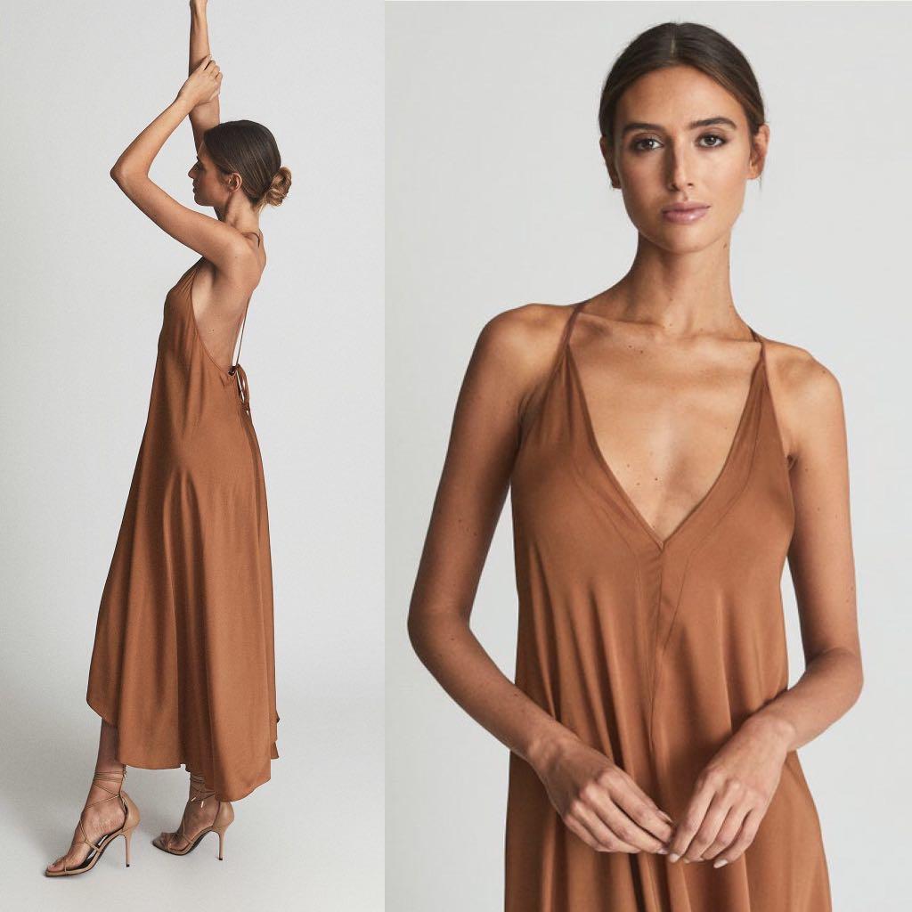 Reiss Mabel Plunge Neck Maxi Dress in Green Camel