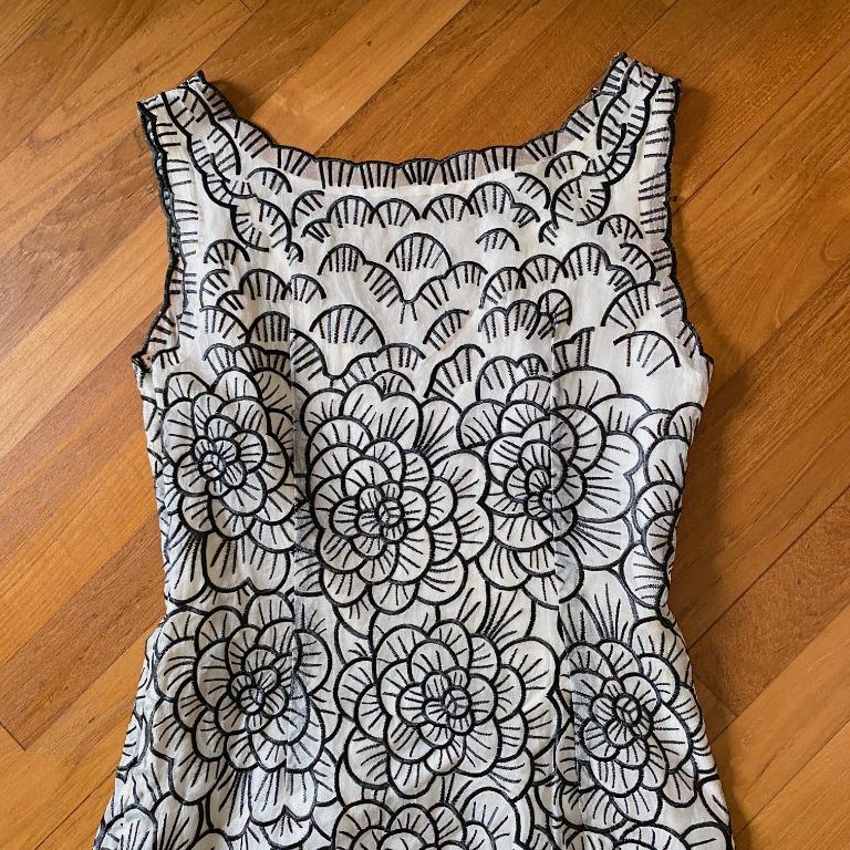 Vintage 80s Does 60s Silk Organza Linocut Dress, Women's Fashion