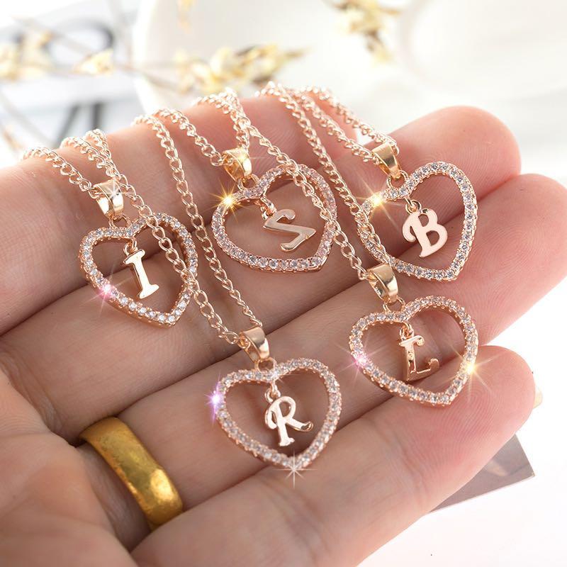 Women Initial Heart Necklace 26 Letter Cz Love Pendant Alphabet Necklaces Ladies Elegant Metal A Z Name Alphabet Pendant Rhinestones Necklace Girls Trendy Simple Jewelry Mother Day Gifts Jewellery Accessories Women S Fashion