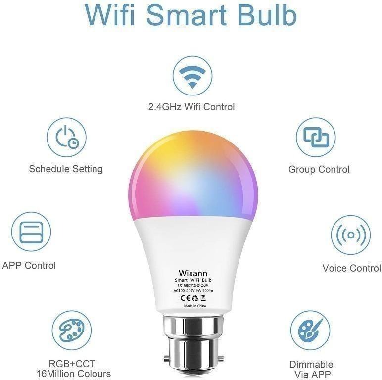 Wixann 9W Smart Light Bulb Compatible with Alexa & Google Home Assistant E26 80W Equivalent 900lm Dimmable RGBCW Color Changing LED Bulbs for Siri 1Pack A19 No Hub Required 