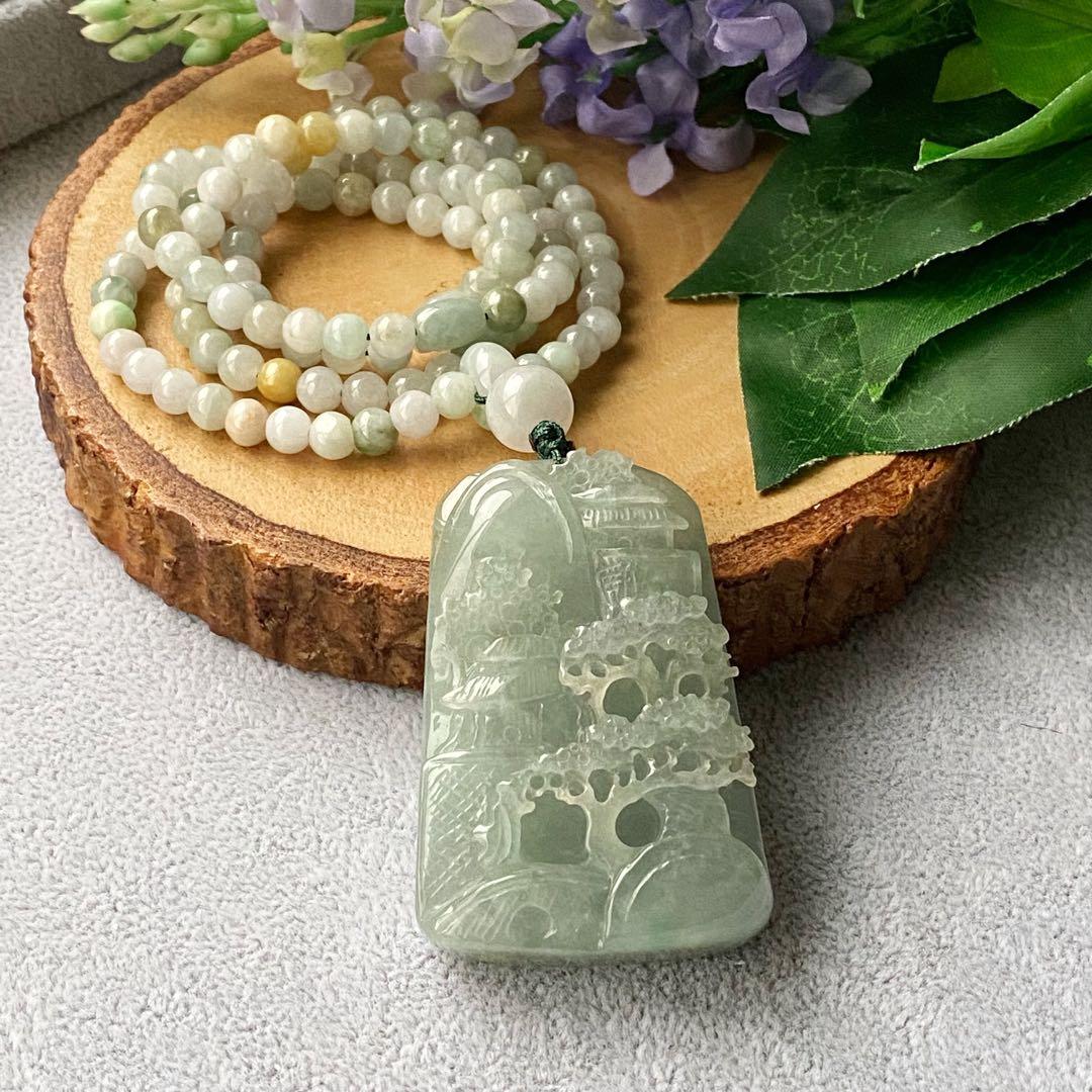 Waxy White Ice Mountain Scenic Pendant with Jadeite Long Beaded