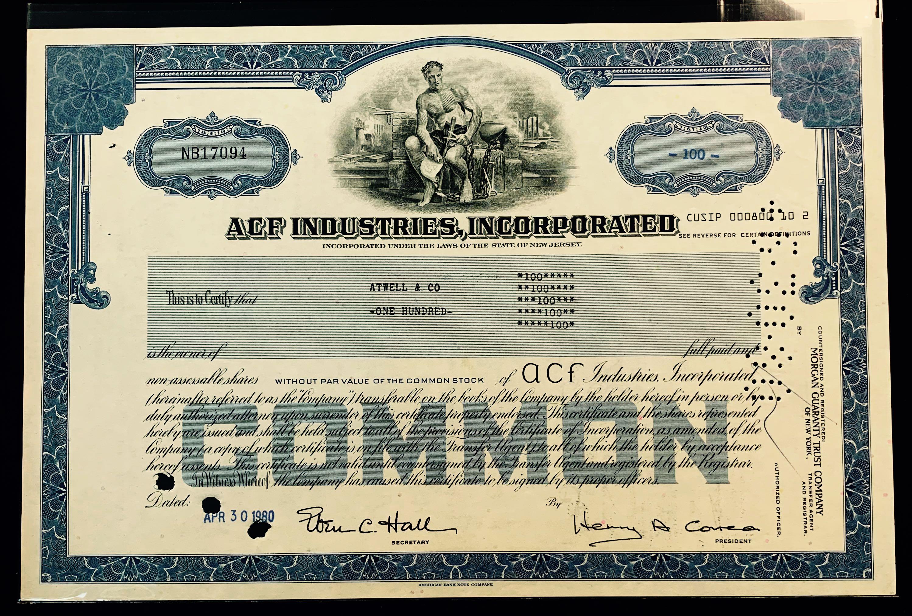 Incorporated Stock Certificate American Car and Foundry ACF Industries 