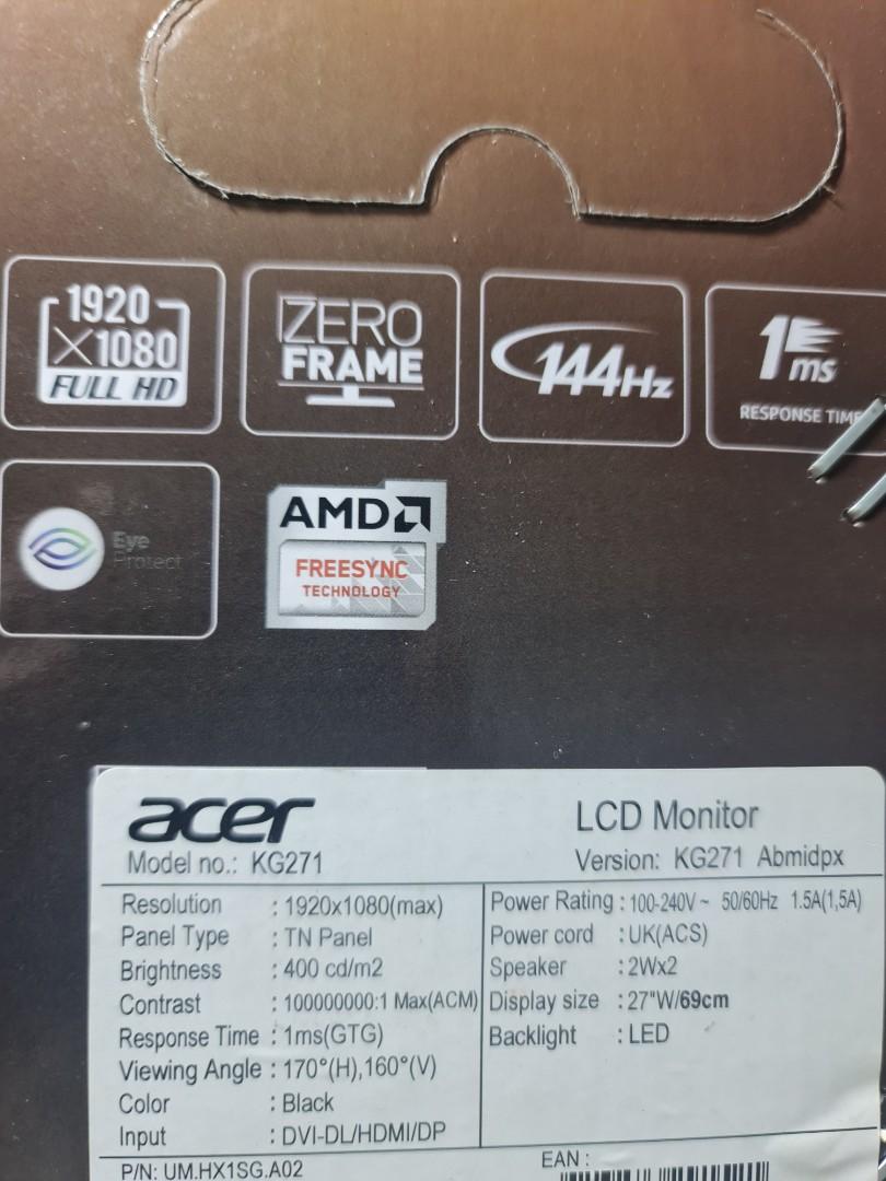 Acer KG271 - 27 inch - 144hz refresh rate, Computers & Tech, Parts