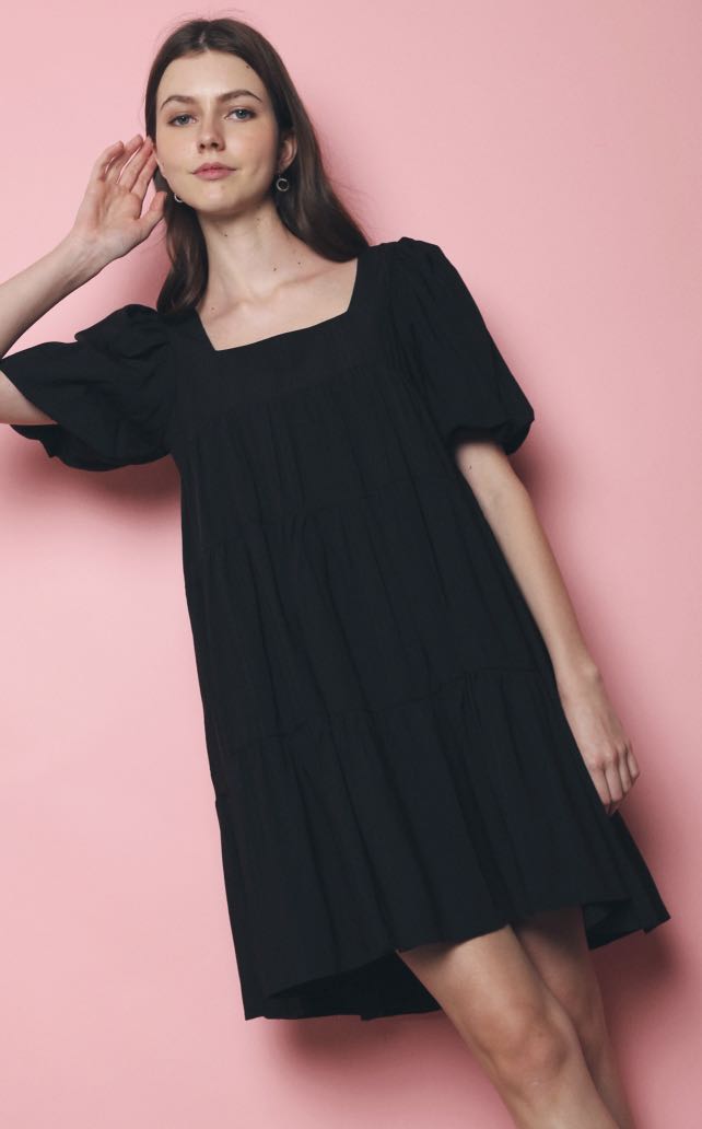 Hollyhoque Black Wesley Square Neck Babydoll Dress Women S Fashion Dresses Sets Dresses On Carousell