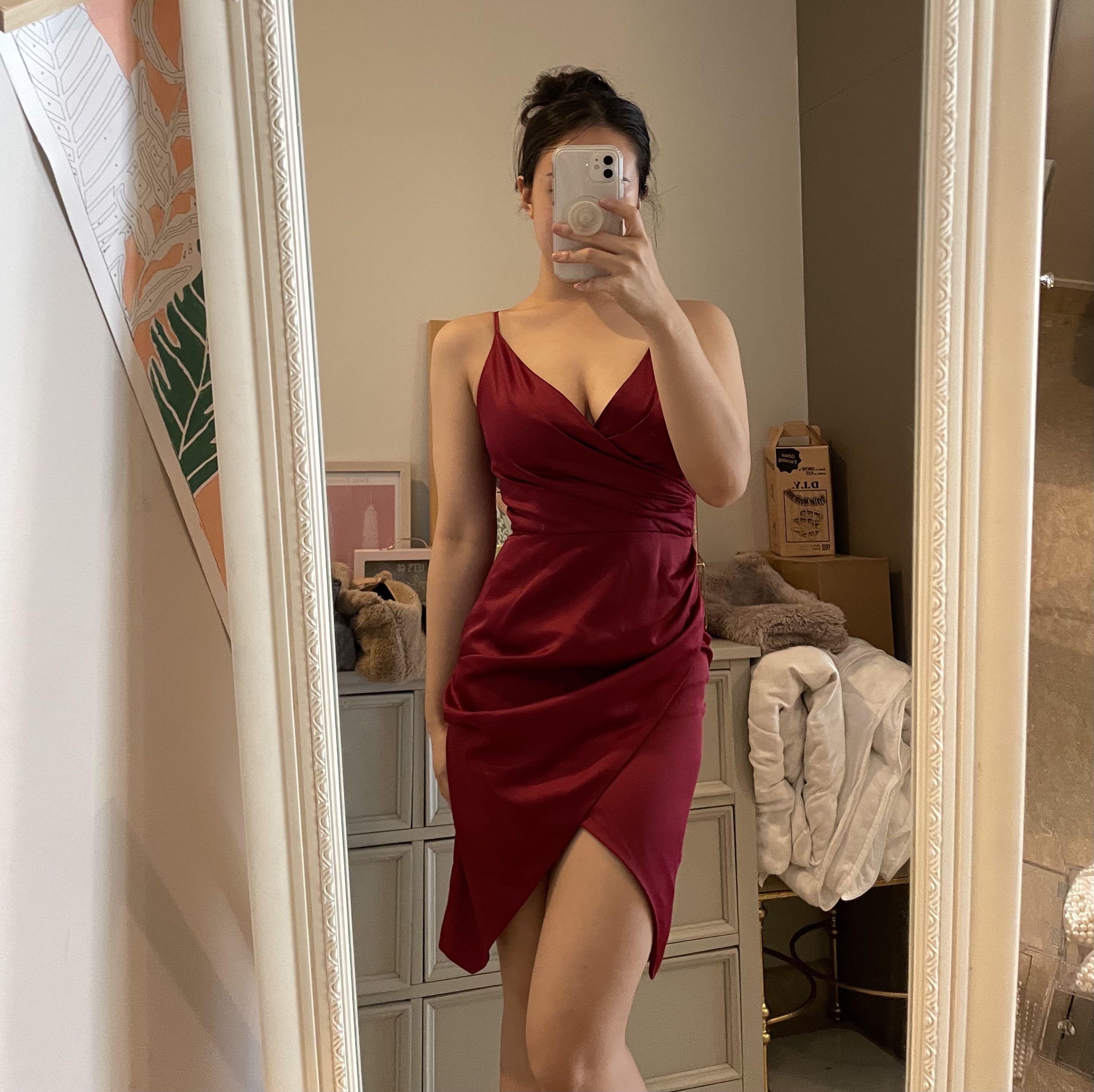 Shape burgundy satin deals wrap dress