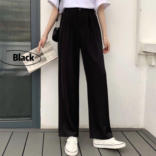 Loosen suit pants female straight vertical wide leg high waist black casual,  Women's Fashion, Bottoms, Jeans & Leggings on Carousell