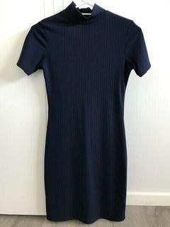 Navy bodycon ribbed mock neck fitted summer sleeved midi ribbed dress