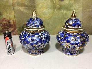 Pair of Vintage Miniature Blue White and Gold Porcelain Jars with Covers