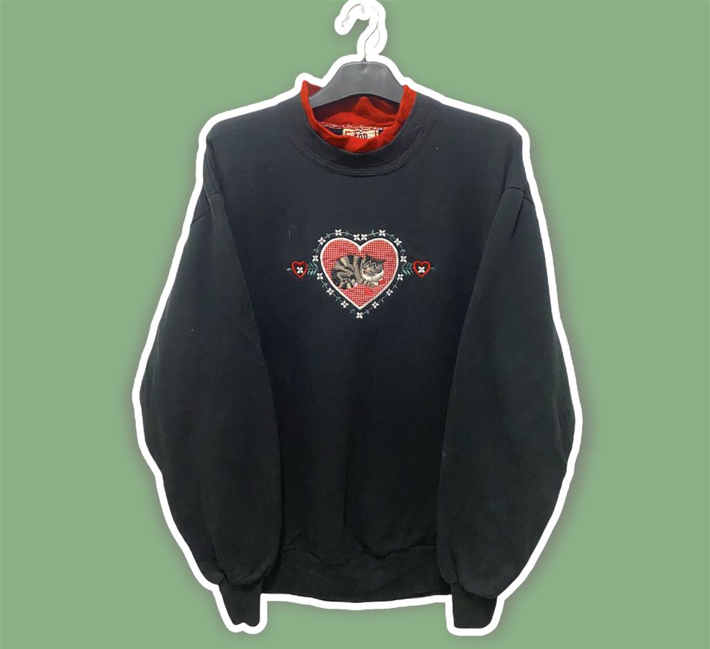 TOP STITCH BY MORNING SUN black red collar inner sweatshirt embroidered  sulam cat heart cute flower, Women's Fashion, Tops, Sleeveless on Carousell