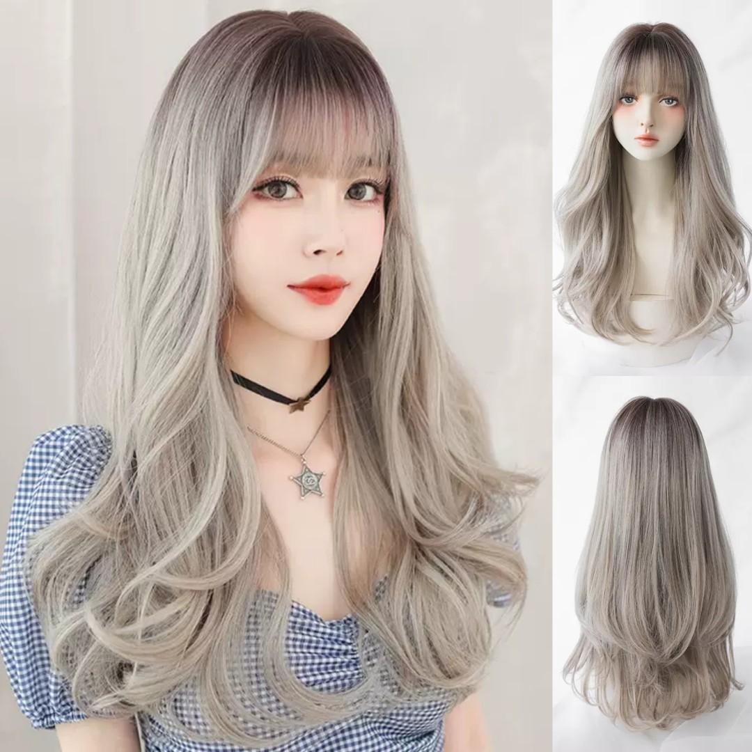 Instock Korean Silver Ash Grey 2 Tone Gradient Airy Bangs Natural Long Curly Wavy Hair Wig Adjustable Breathable Beauty Personal Care Hair On Carousell