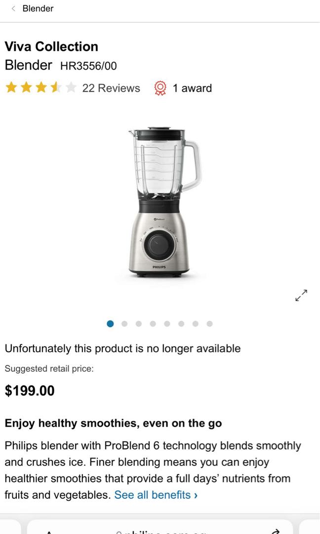 Philips HR3556/00 Viva Collection Blender 900 W, ProBlend 6 Condition $75, TV & Home Appliances, Kitchen Appliances, Juicers, & Grinders on Carousell