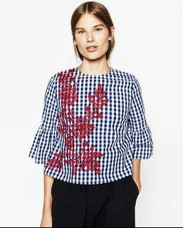 Zara Blue Gingham Top with Contrasting Red Floral Embroidery