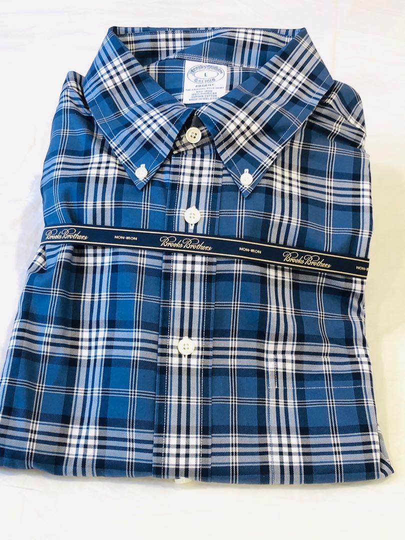 全新】Brooks Brothers 免熨長袖藍色格仔恤衫, 男裝, 上身及套裝, T